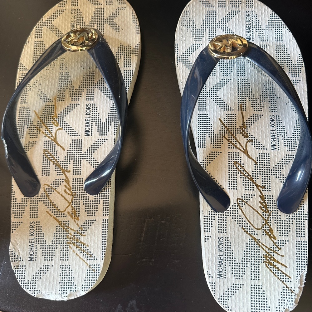 Michael Kors Dark Blue and Gold Flip Flops